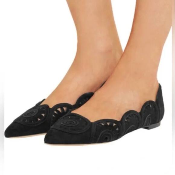 Tory Burch Black Suede Leather Leyla Flats Pointed Toe Laser Cut Size 8M - Picture 1 of 13